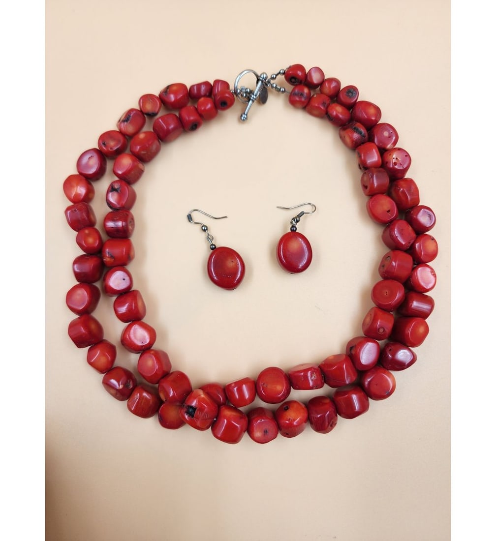 A Chinese Red Coral Necklace With Earrings Double Strand 243.806 Grams (1 of 19)