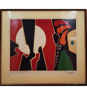 Mid Century Modern Embossed Lithograph Signed & Numbered 1/ 35 Antonio Guanse Brea 1926-2008: Mid Century Modern Embossed Lithograph Signed & Numbered 1/ 35 Antonio Guanse Brea 1926-2008. Frame Measure 24" X 27.5", Sight 22.5" X 26". || Please carefully read our terms of sale, shipping informa