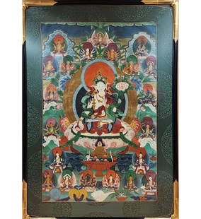 Antique Tibetan Thangka Painting With Calligraphy 19th Century Or Earlier: Antique Tibetan Thangka Painting With Calligraphy 19th Century. Frame Measure 35.5" X 24 3/4", Sight 33.5" X 23.5". Provenance: PRIVATE ESTATE CENTRAL FLORIDA.|| Please carefully read our terms of