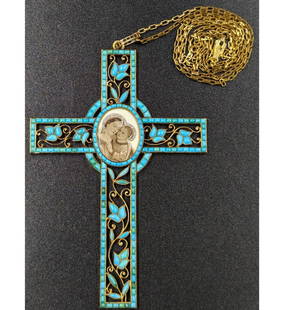 A Very Fine 18K Gold Cross Pendant Necklace With Turquoise And Religious Portrait, 22 Grams: *** DUE TO THIS LOT BEING GOLD/JEWELRY IT MUST BE PAID VIA BANK WIRE TRANSFER OR CERTIFIED CHECK.*** A Very Fine 18K Gold Cross Pendant Necklace With Turquoise, Quartz Crystals, And Religious Portrait