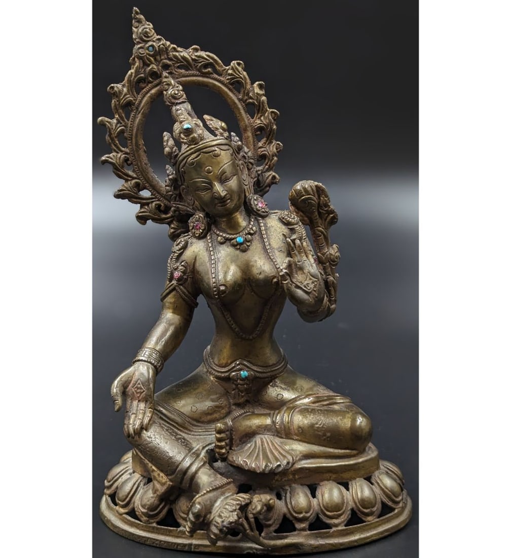 Antique Indian Bronze Seated Green Tara With Small Enamel Accents (1 of 11)
