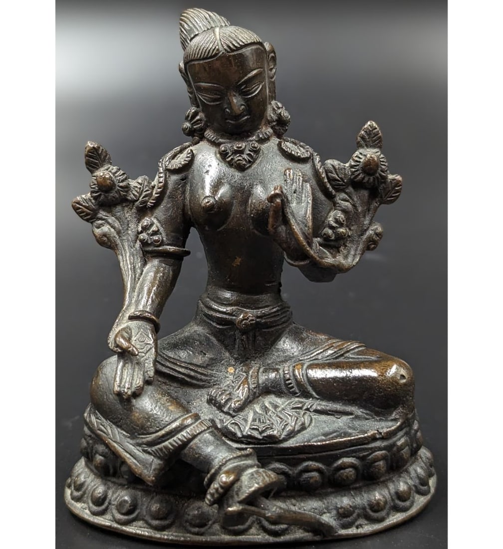 Antique Indian Bronze Seated Green Tara: Antique Indian Bronze Seated Green Tara. Measures approx. 3 1/4" X 3". || Please carefully read our terms of sale, shipping information, and request any condition reports or photos prior to placing a 