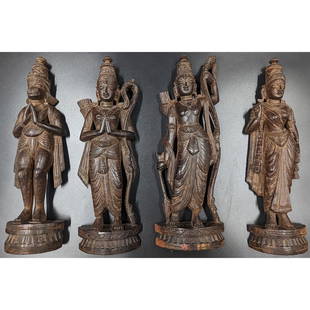 Antique Hand-Carved Wooden Hindu God / Goddess Sculptures: Antique Hand-Carved Wooden Hindu God / Goddess Sculptures. Measures approx. 12" X 3 1/4" each. || Please carefully read our terms of sale, shipping information, and request any condition reports or