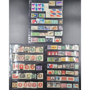 6 Stock Sheets Of Us Stamps: 6 Stock Sheets Of Us Stamps including 4 sheets of all mint with commemoratives, plate blocks, line pairs and even 1 exhibition sheet. the remaining 2 sheets contain postal stationery used cut squares