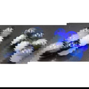 2 Groupings Of Blue And Black National Peerless Opalescents Marbles: 2 Groupings of marbles, a) peltier, 6 blue national peerless opalescents ( 3 cversized. b) peltier 6 black national peerless opalescents (4 oversize) || Please carefully read our terms of sale, shippi