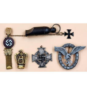 Grouping Of WWII Original German Items Pin Pendant Finial & Whistle: Grouping Of WWII Original German Items Pin Pendant Finial & Whistle.|| Provenance: PRIVATE COLLECTION CENTRAL FLORIDA. Please carefully read our terms of sale, shipping information, and request any