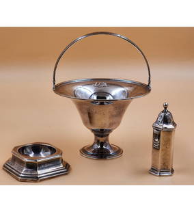Lot Of 3 Tiffany & Company Sterling Silver Basket, Shaker & One More Piece: *** DUE TO THIS LOT BEING SILVER IT MUST BE PAID VIA BANK WIRE TRANSFER OR CERTIFIED CHECK*** Lot Of 3 Tiffany & Company Sterling Silver Basket, Shaker & One More Piece. Basket Measure 7" Tall X 5 1/4