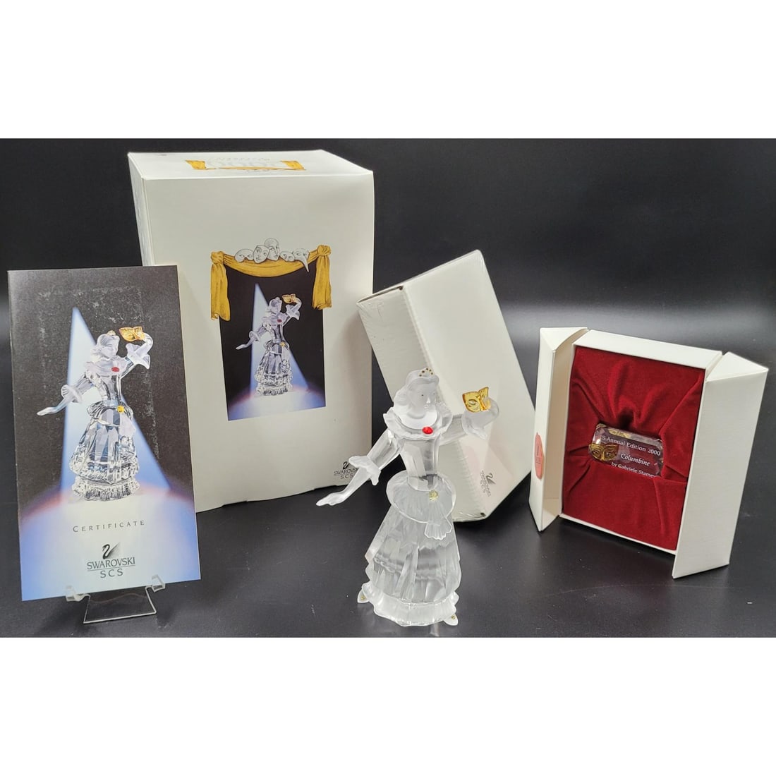 Swarovski SCS Masquerade Columbine Figure & Plaque With Original Case, Unopened Display Stand, COA (1 of 11)