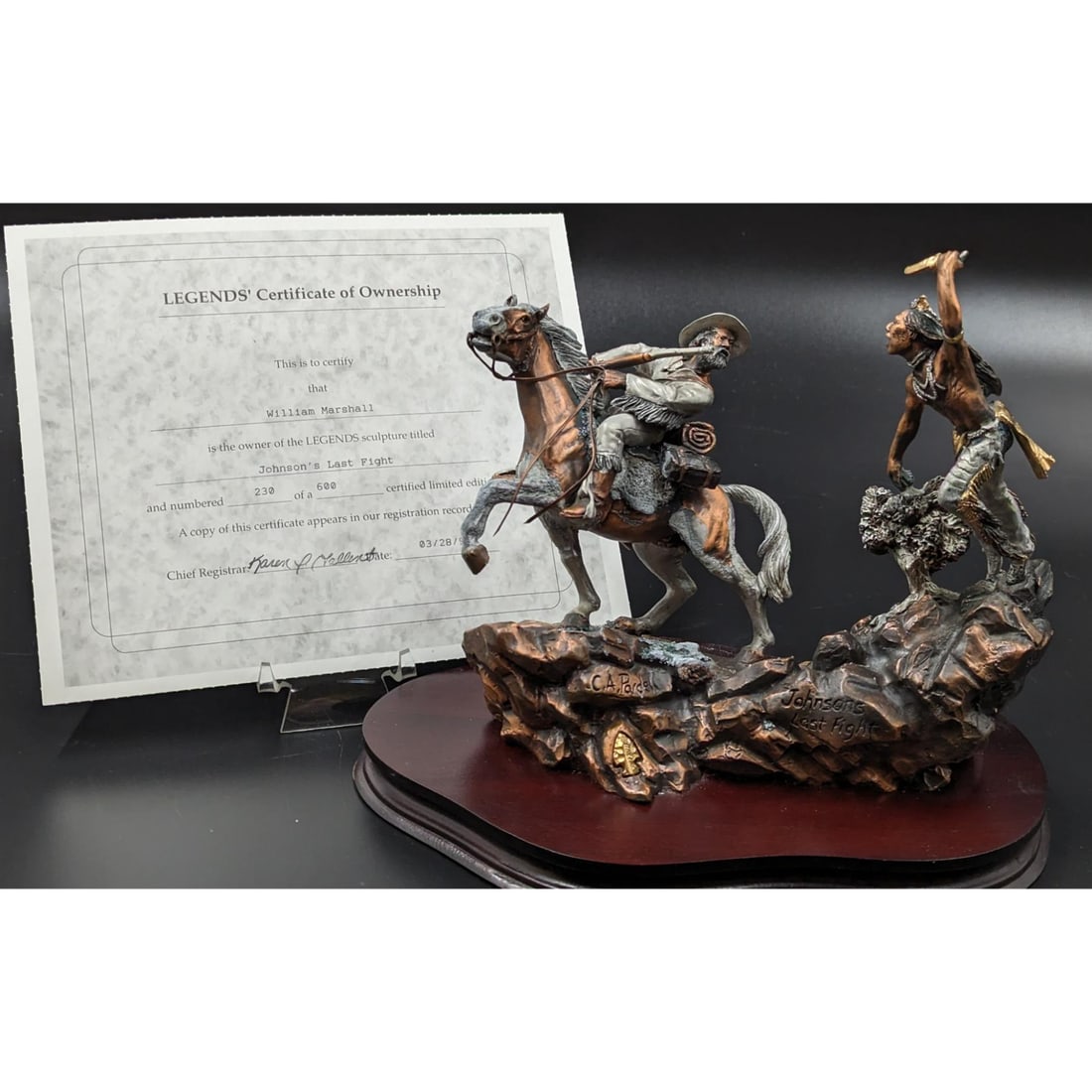 Legends: Limited Ed. 230/ 600 Johnsons Last Fight With COA C.A. Pardell: Legends: Limited Ed. 230/ 600 Johnsons Last Fight With COA. C.A. Pardell Measures approx. 8" X 5" X 9". Please note that this piece has several spots of oxidization and wearing. || Please carefully re