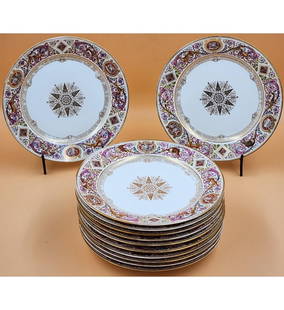 A Set Of 12 Finely Painted Sevres Dinner Plates Hunting "LE SERVICE DE CHASSE DE FONTAINEBLEAU": A Set Of 12 Finely Painted Sevres Dinner Plates Hunting "LE SERVICE DE CHASSE DE FONTAINEBLEAU" 1890-1905. Measure 9.5" Diameter. // Private Estate Central Florida. This Item Will NOT be shipped