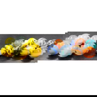 2 Groupings Of Yellow National Peerless Opalescents And 2 Color National Line Rainbow Marbles: 2 Groupings Of Yellow National Peerless Opalescents And 2 Color National Line Rainbow Marbles. Lot includes a) peltier 6 yellow national peerless opalescents (4 oversize). b) peltier 2 color national