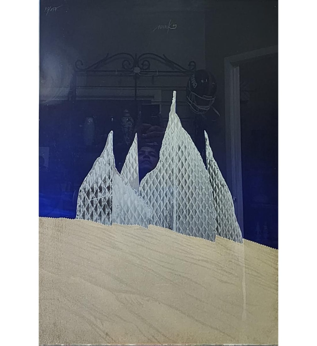 Heinz Mack (Born 1931) German Spanish Sculpture Of Light in The Dessert Signed Silkscreen & Foil: Heinz Mack (Born 1931) German Spanish Sculpture Of Light in The Dessert Signed Silkscreen & Foil. Frame 33.5" X 23.5". // Provenance: PRIVATE ESATE CENTRAL FLORIDA. Please carefully read our terms of