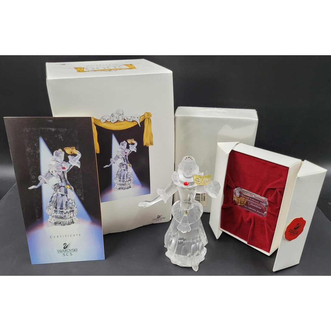 Swarovski SCS Masquerade Columbine Figure & Plaque With Original Case, Unopened Display Stand, COA (1 of 15)