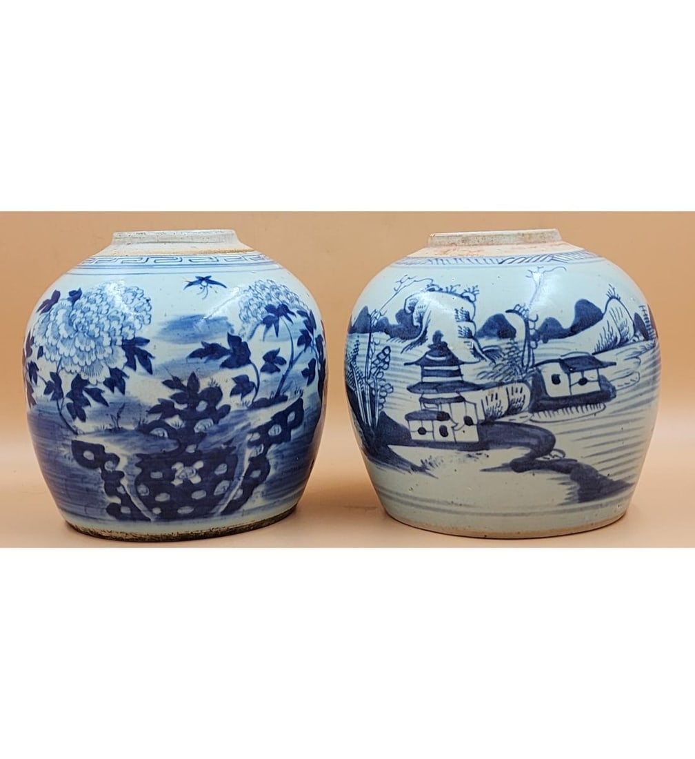 Lot Of 2 Antique Chinese Blue And White Ginger Jars 19th Century (1 of 20)