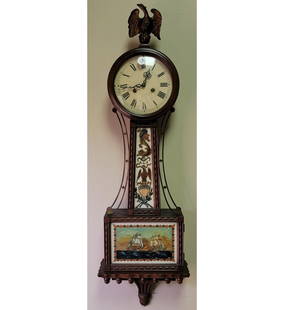 A Fine Antique Federal Style Banjo Clock 19th C With Reverse Painted Glass: A Fine Antique Federal Style Banjo Clock 19th C With Reverse Painted Glass. Measure 35" X 11.5" X 5 1/4". Clock May Need To Be Serviced As it Runs For A While And Stops, Spring Tensions are good and D