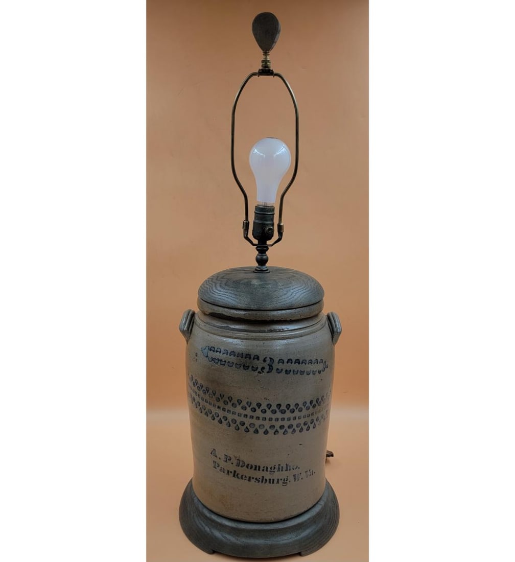 3 Gal. A. P. DONAGHHO / PARKERSBURG, W. VA. Stoneware Crock Lamp (1 of 13)