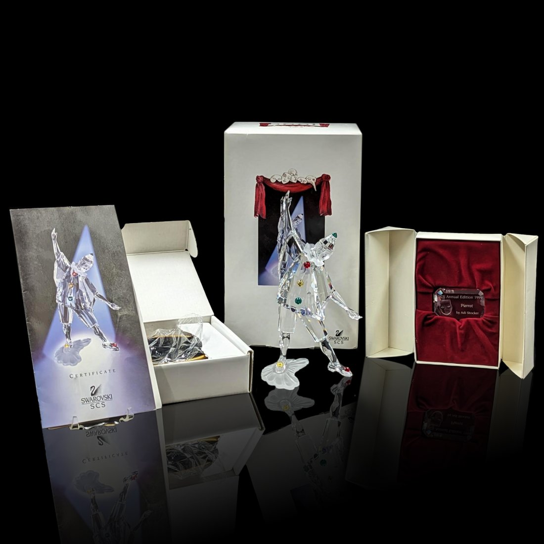 Swarovski Masquerade "Pierrot" Crystal 1999 Annual Edition With Original Boxes, Plaque, And Stand: Swarovski Masquerade "Pierrot" Crystal 1999 Annual Edition With Original Boxes, Plaque, And Stand. This set remained in its original 3 boxes along with assorted paperwork. The large box contains the P
