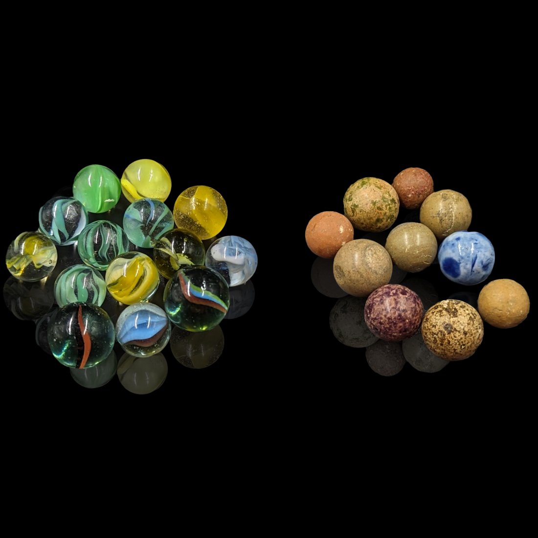Marbles: Lot Of 2 Separate Groups, 14 Cats Eyes Marbles And 10 Assorted Color Clay Marbles (1 of 11)