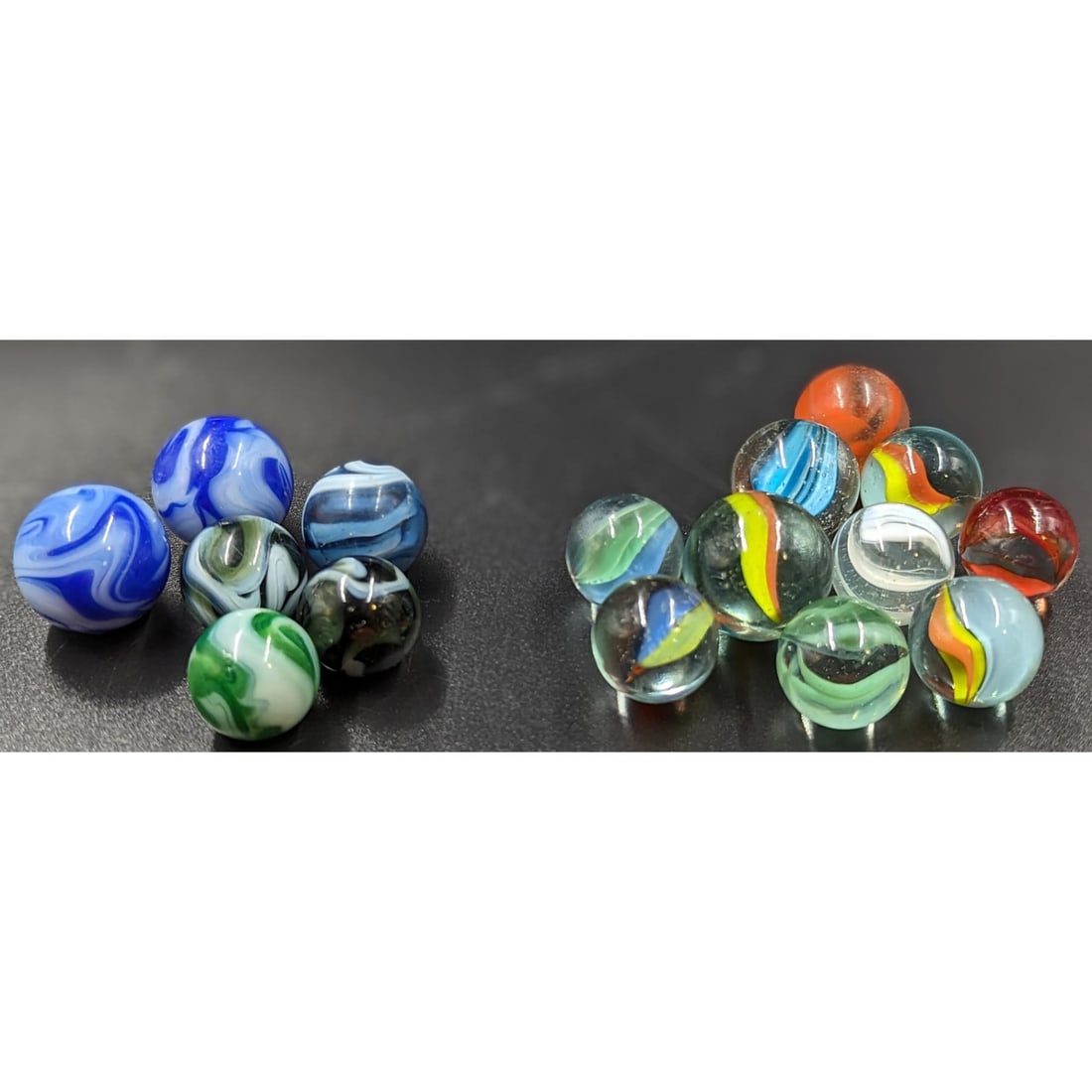 Marbles: Lot Of 2 Separate Groups, 10 Cats Eyes Marbles And 6 Intensely Swirled Two-Color Marbles (1 of 12)
