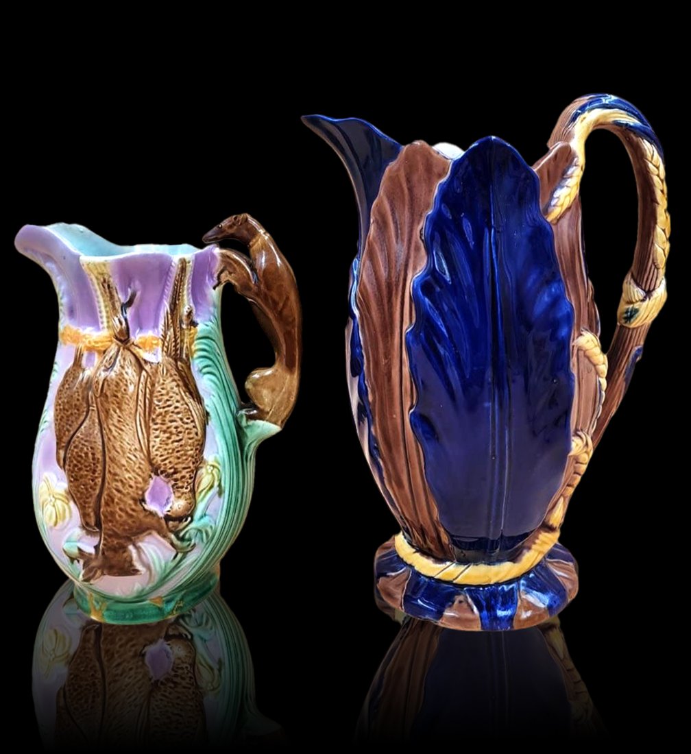 Lot Of 2 Antique Majolica Pitchers, Minton & J.Holdcroft PinkGame Pitcher W/ Hound Handles (1 of 19)