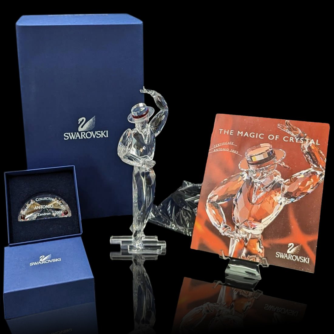 Swarovski SCS Antonio Figurine & Plaque With Original Case, Stand, And COA: Swarovski SCS Antonio Figurine & Plaque With Original Case And COA. Measures approx. 8.5" X 3" X 2.5", Box measures approx. 11" X 6" X 6 1/2". || Please carefully read our terms of sale, shipping info