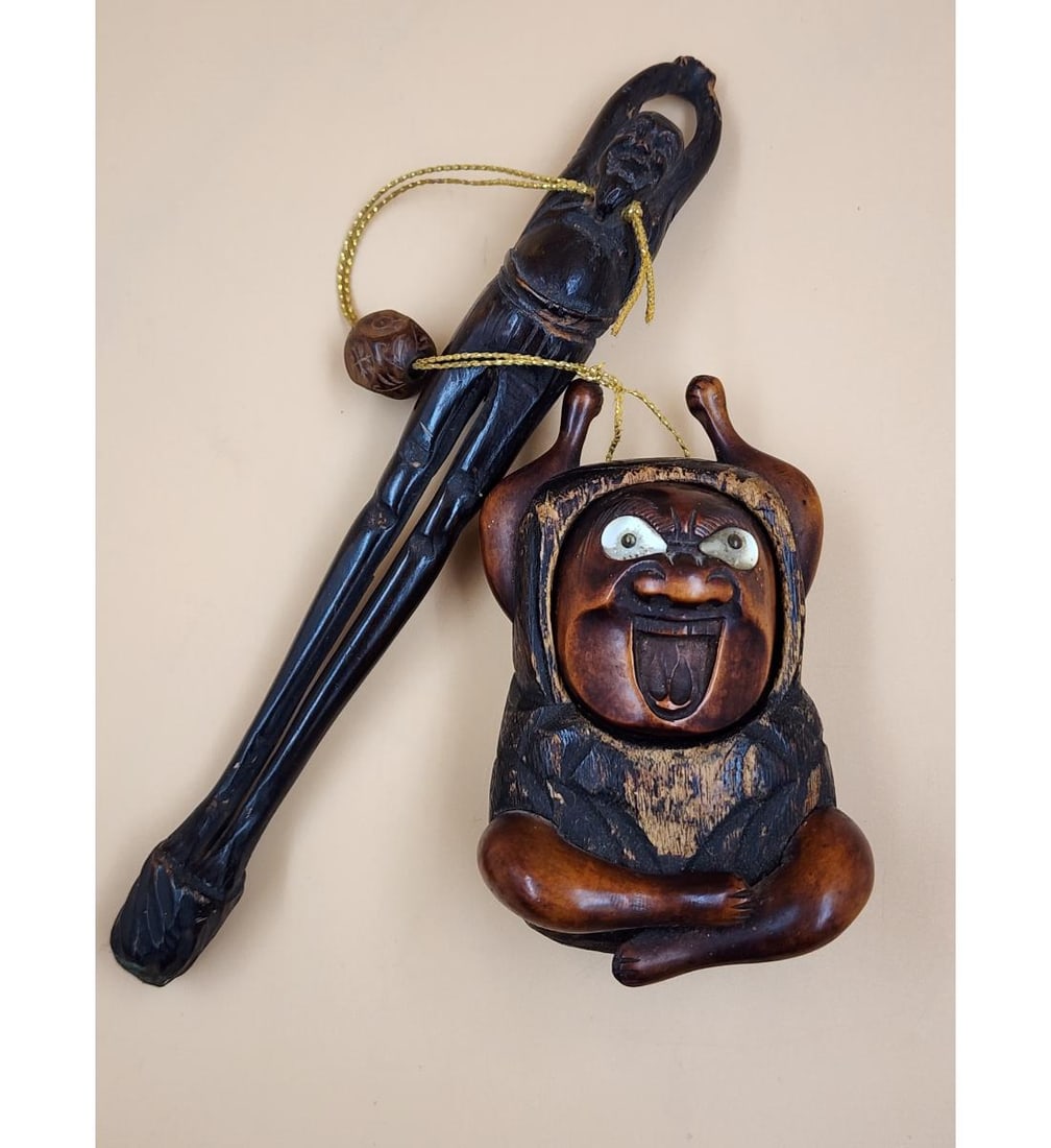 Japanese Meiji Wood Figural Pipe w Case & Tobacco Box 19th C (1 of 12)