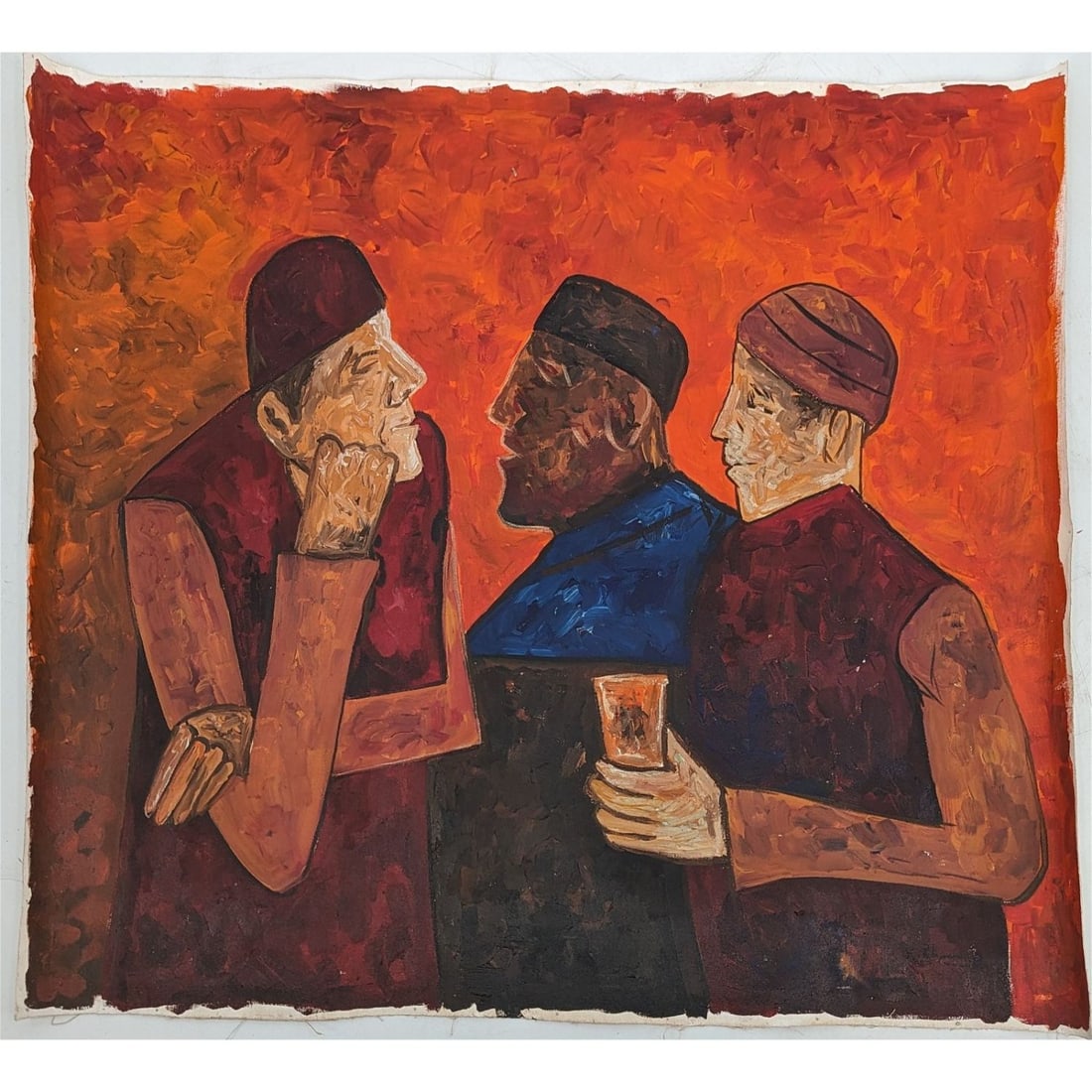 Krishen Khanna (b.1925) Oil On Canvas Figural Painting, Signed Lower Right: Krishen Khanna (b.1925) Oil On Canvas Figural Painting, Signed Lower Right. Measures approx. 38" X 34 1/2". Additional photos available upon request. From A Single Texas Estate By The Way Of India. **