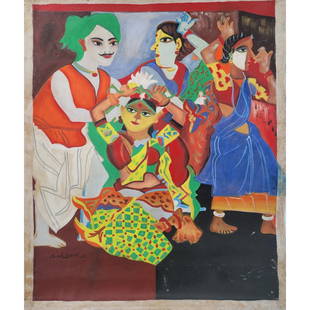 After Laxma Goud Signed Indian Acrylic On Canvas Figural Painting: After Laxma Goud Signed Indian Acrylic On Canvas Abstract Painting. Canvas measures approx 44.25" X 36.5" ***We at RBFineArts can only attribute this work to the artist based upon the quality and the