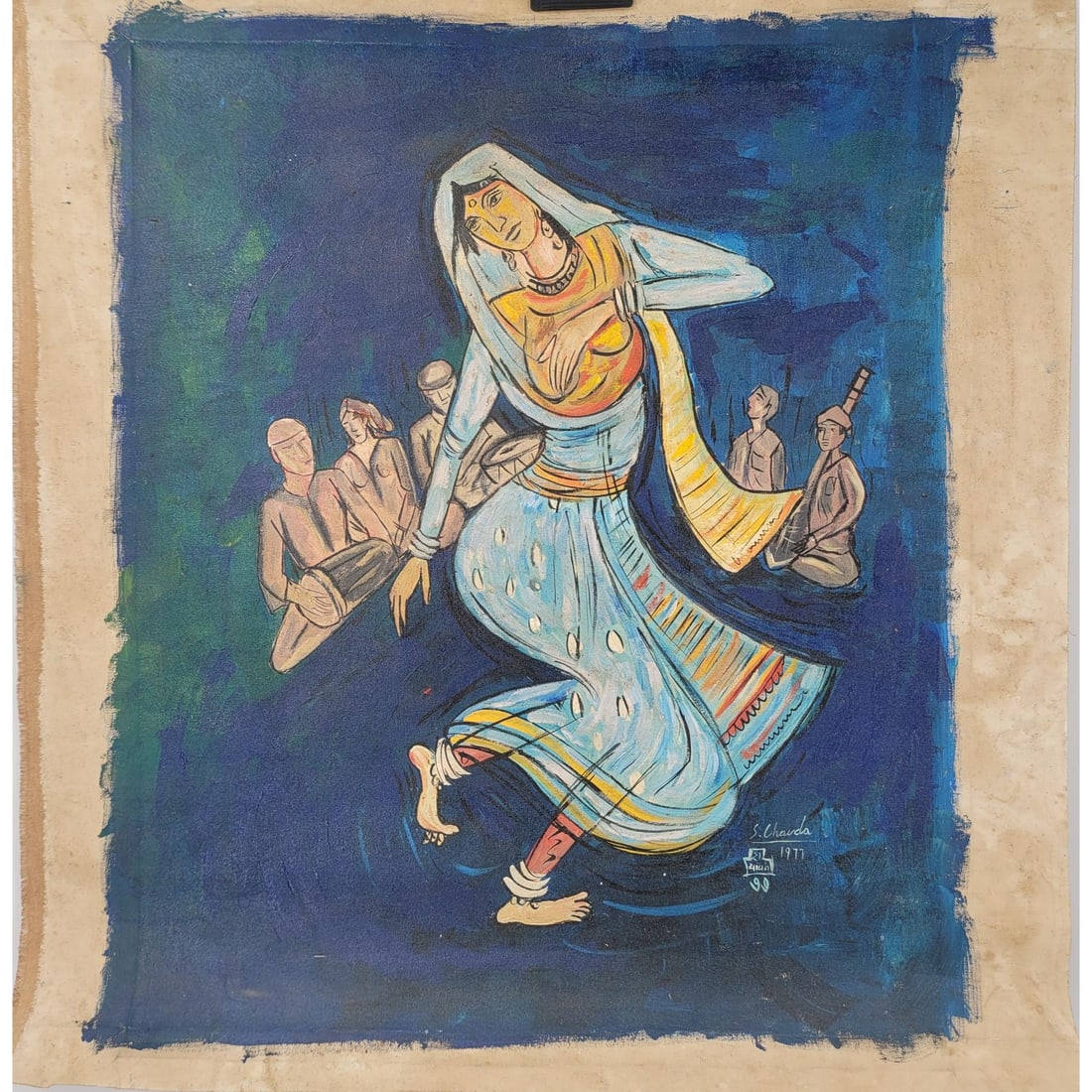 Shiavax Chavda Signed Indian Acrylic On Canvas Figural Painting: Shiavax Chavda Signed Indian Acrylic On Canvas Figural Painting. Canvas measures approx 33.5" X 32" ***We at RBFineArts can only attribute this work to the artist based upon the quality and the presen