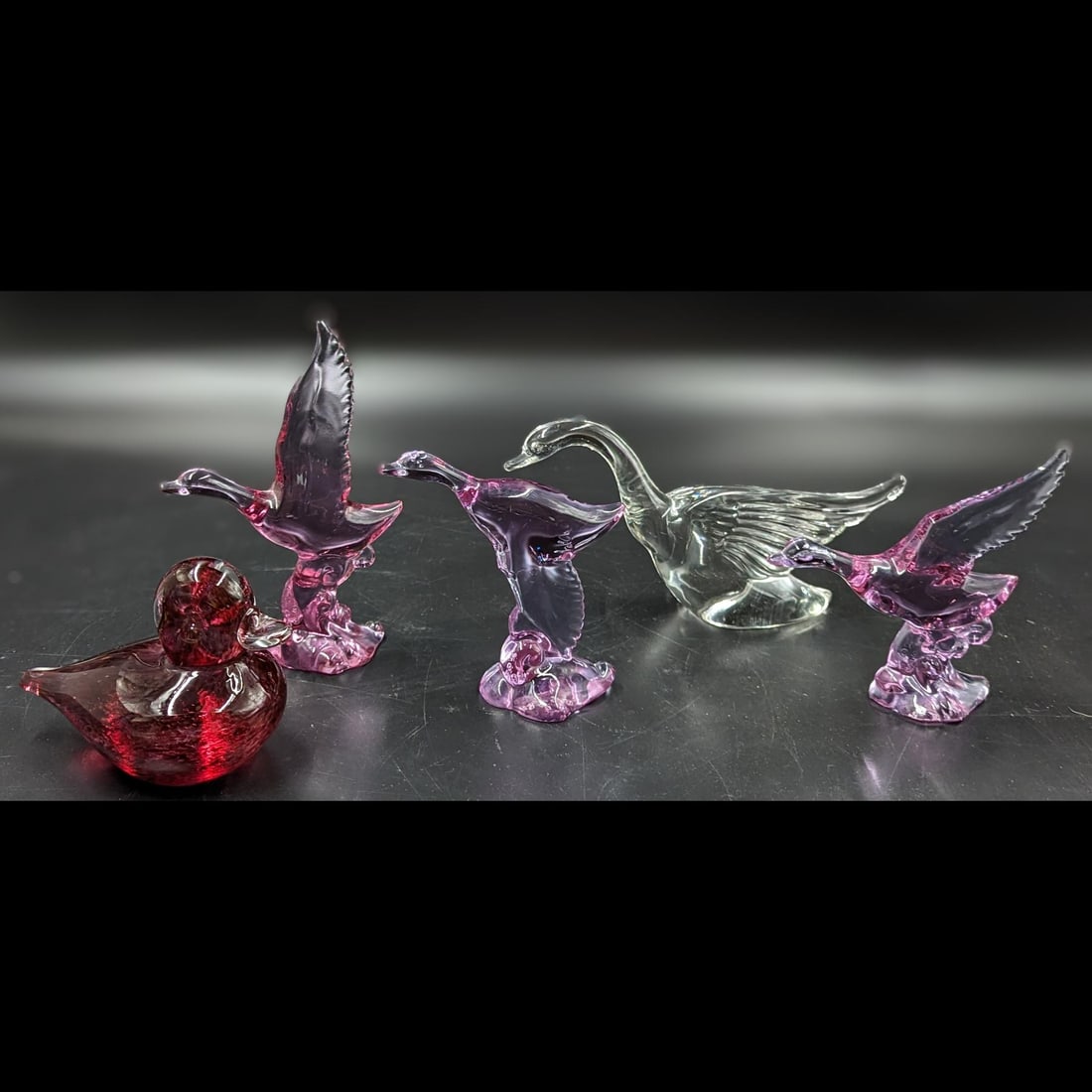 Lot Of 5 Glass Birds, Includes Heisey And Wedgwood: Lot Of 5 Glass Birds, the three lavender mallards are by Viking Dinzel from old Heisey molds produced to benefit the Heisey museum. All are marked with the number in a series of 450 each. The clear mi