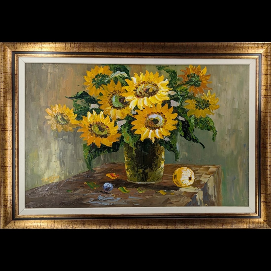 Large Signed Tim Brown Still-Life Oil On Canvas Sunflower Painting: Large Signed Tim Brown Still-Life Oil On Canvas Sunflower Painting. Measures approx. 30" X 42", Sight measures approx. 23" X 34 1/2". || Please carefully read our terms of sale, shipping information, 
