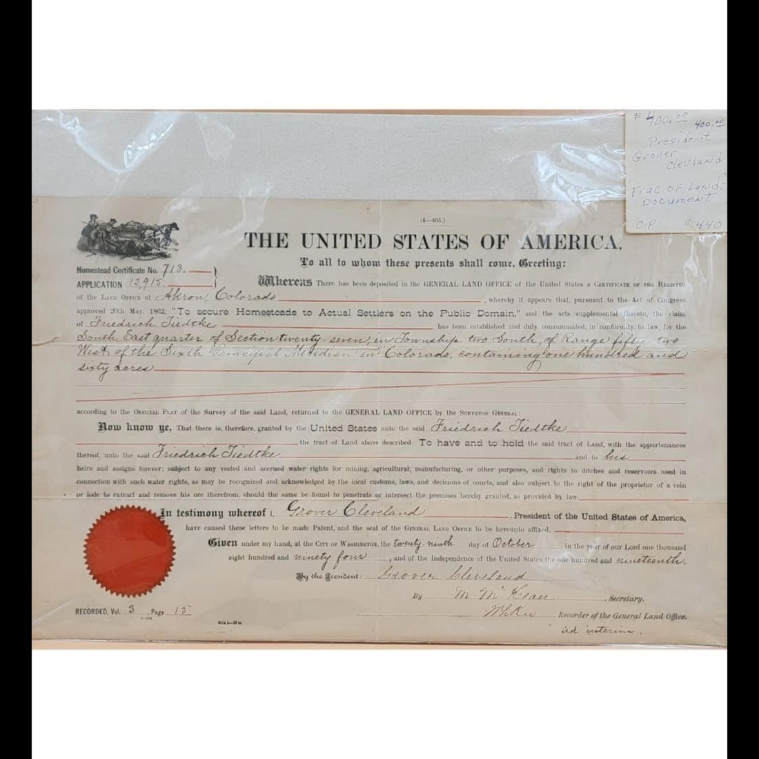 President Grover Cleveland Signed Trac Of Land Document Colorado Homesteads To Settlers 1894 (1 of 13)