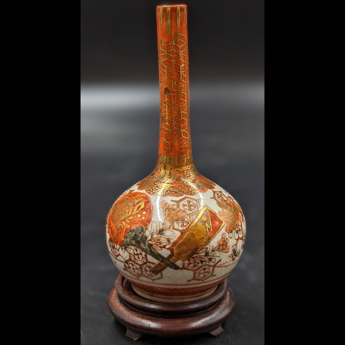 Antique Japanese Miniature Kutani Bottle Vase With Wooden Stand And Dai Nihon Mark, Circa 1890 (1 of 11)