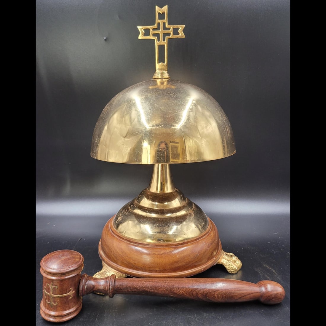 Gilt Bronze Church Gong With Mallet: Gilt Bronze Church Gong With Mallet. Gong measures approx. 14.5" X 8", mallet 10.5" X 2.5. || Please carefully read our terms of sale, shipping information, and request any condition reports or photos