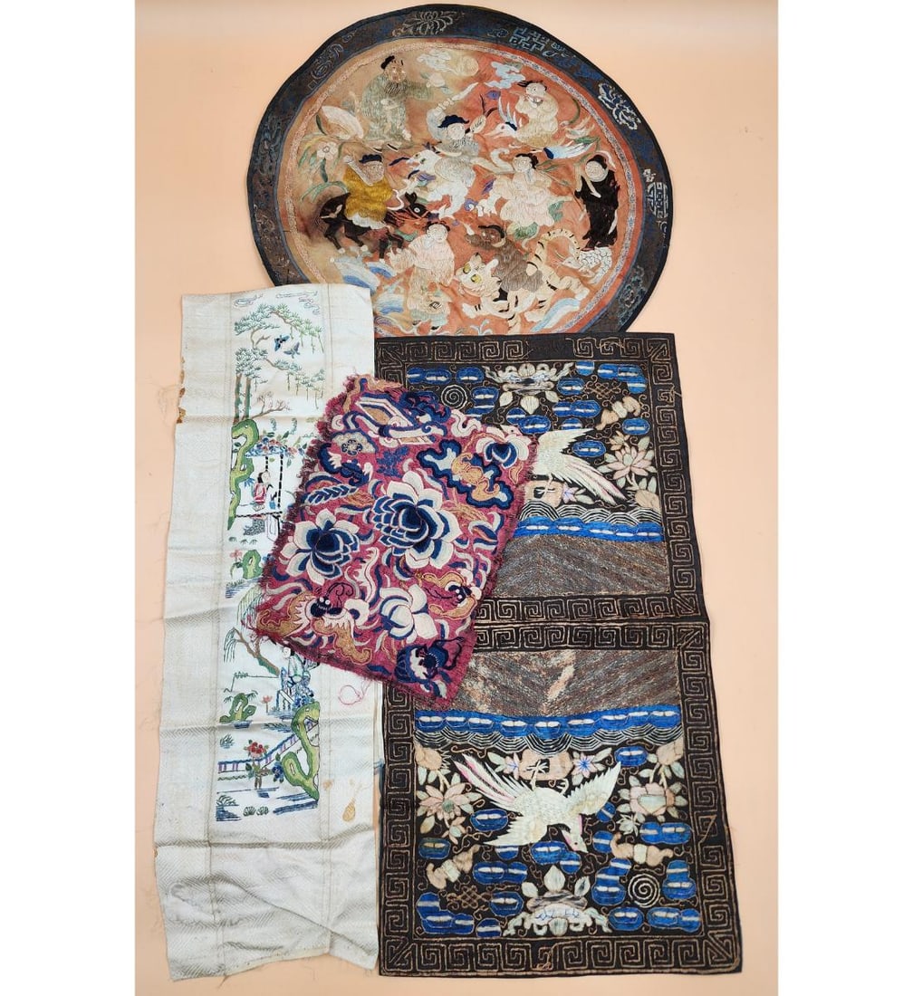 A Grouping Of 19th Century Chinese Silk Embroidery Badge & Panel: A Grouping Of 19th Century Chinese Silk Embroidery Badge & Panel , Various Sizes. // Provenance: PRIVATE ESATE CENTRAL FLORIDA. Please carefully read our terms of sale, shipping information, and reque