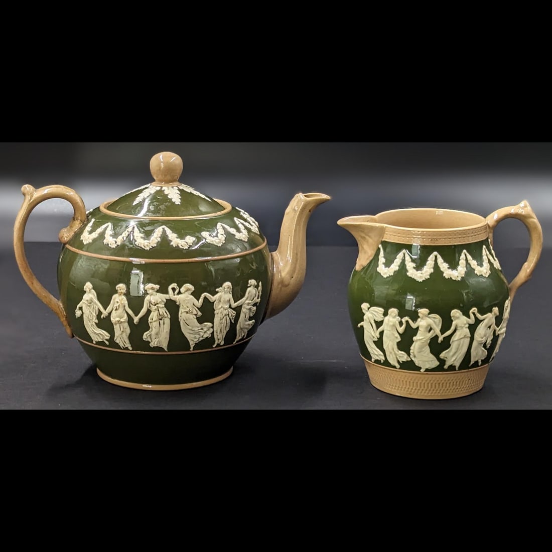 English Copeland Late Spode Glossy Jade Green Jasperware Teapot And Creamer (1 of 18)