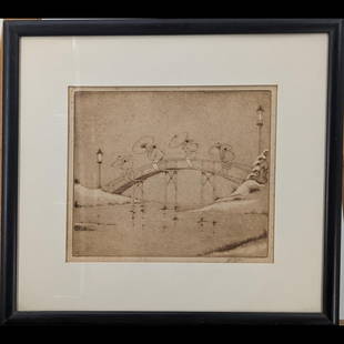 Pencil Signed Dorsey Potter Tyson (American, 1891-1969) Etching Of 4 Chinese Individuals: Pencil Signed Dorsey Potter Tyson (American, 1891-1969) Etching Of 4 Chinese Individuals Crossing An Arched On Bridge On Foot In Winter. All Are Heavily Dressed And With Umbrellas Or Sunscreens.