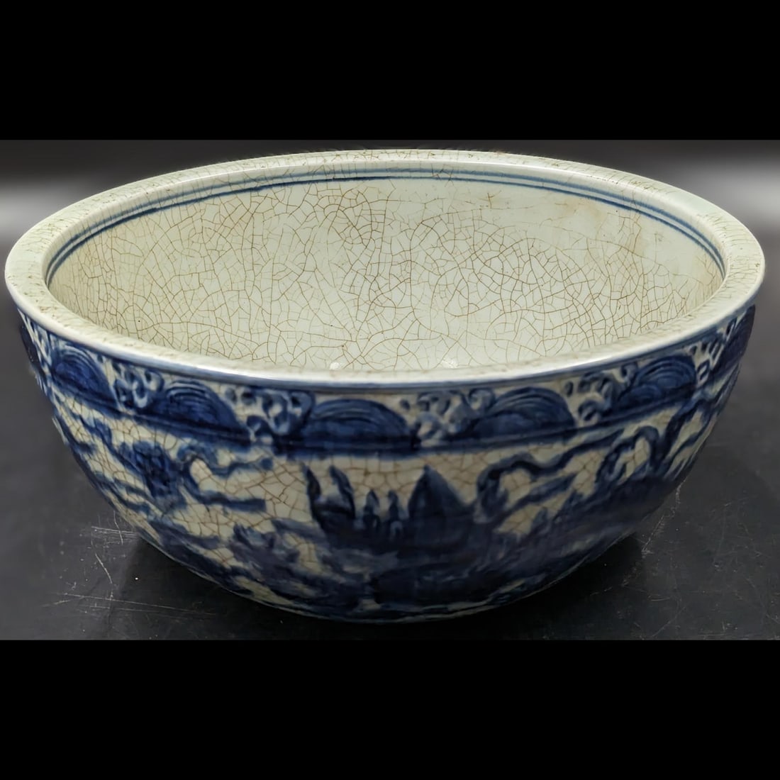 Large Chinese Crackle-Glazed Blue And White Porcelain Bowl With Double Ring Six Character Mark (1 of 15)