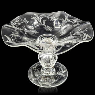 ABP CG Rock Crystal Engraved Compote Dish, Signed Hawkes: ABP CG Rock Crystal Engraved Compote Dish, Signed Hawkes. Measures approx. 4" X 6 1/2". There are a few chips, please see pics. || Please carefully read our terms of sale, shipping information, and re