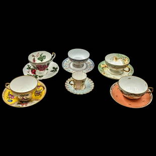 Lot Of 6 Various European Porcelain Tea Cups And Saucers, 12 Pieces Total: Lot Of 6 Various European Porcelain Tea Cups And Saucers, 12 Pieces Total. There are four French sets, One German, And One English. Includes brands such as Limoges, Dresden, Haviland, and Adderley. ||