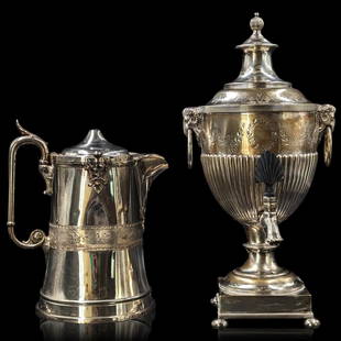 Antique English Sheffield Silver-plate Hot Water Urn And A Reed & Barton Silver-plate Water Pitcher: Antique English Sheffield Silver-plate Hot Water Urn And A Reed & Barton Silver-plate Water Pitcher. Measures approx. 19" X 9" and 12 1/4" X 10 1/2". || Please carefully read our terms of sale, shippi