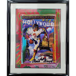 Signed Peter Max Super Bowl XXVII 1993 Mixed Media Painting: Signed Peter Max Super Bowl XXVII 1993 Mixed Media Painting. Frame measures approx. 43" X 34.5" sight 33.5" X 25". // Provenance: Private New Jersey Estate. Please carefully read our terms of sale,