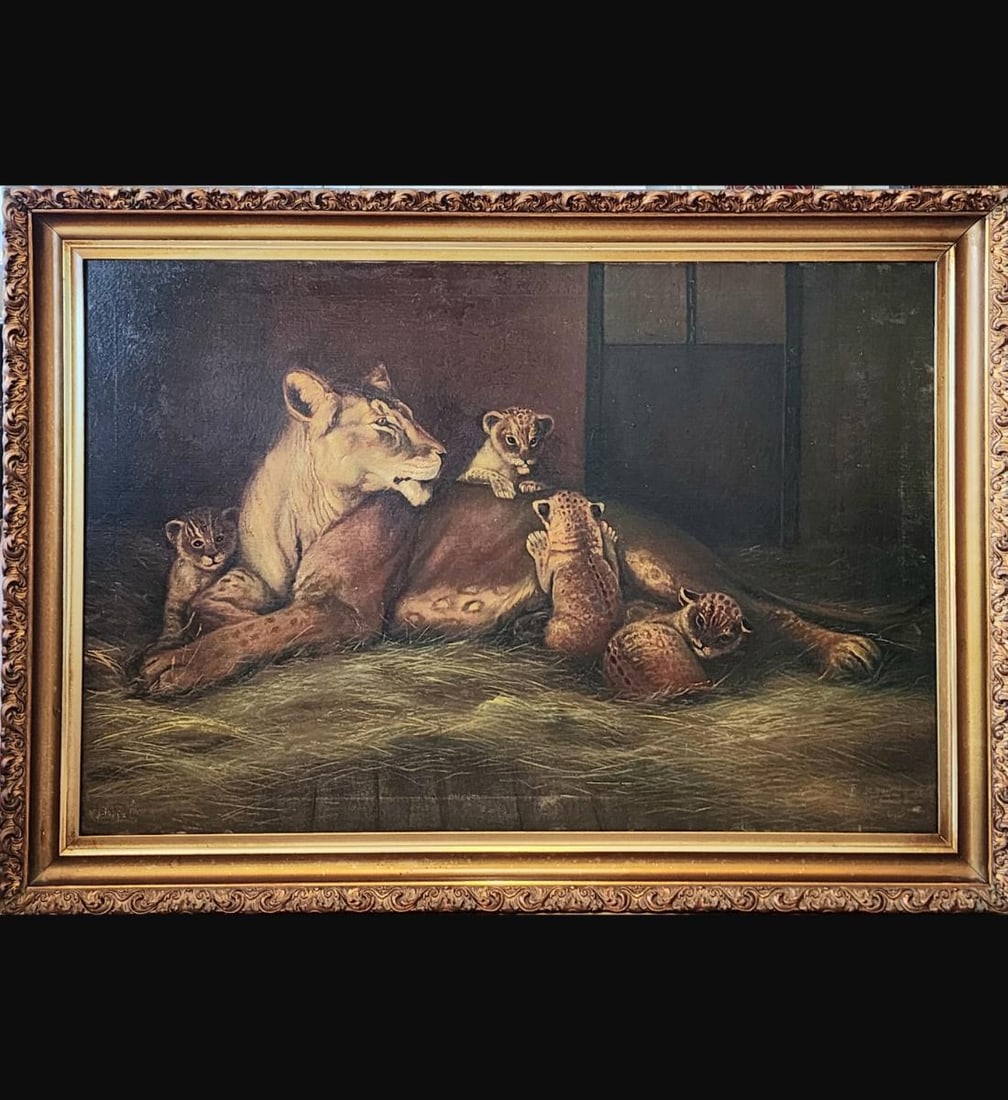 After Alexander Pope Lioness & Her Cubs "ON GUARD" Signed, Monogrammed & Dated 1916: After Alexander Pope Lioness & Her Cubs "ON GUARD" Signed, Monogrammed & Dated 1916 Month Of April. Frame Measure 35.5" X 49.5", Sight 28.5" 42 3/4". // Provenance: Private Florida Estate. Please care