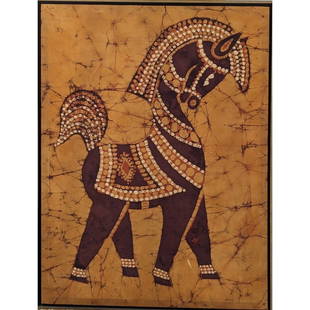 A Fine Vintage Handmade African Batik With Horse Design: A Fine Vintage Handmade African Batik With Horse Design. Measures approx. 30" X 23". || Please carefully read our terms of sale, shipping information, and request any condition reports or photos