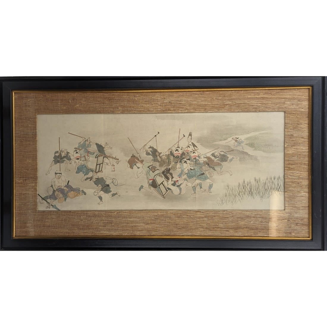 Unsigned Antique Japanese Watercolor Painting - Battling Samurai: Unsigned Antique Japanese Watercolor Painting – Battling Samurai. A vivid watercolor of a Samurai battle scene; unsigned but clearly old, and convincingly done. Measures approx. 21 1/2" X 37", Sight