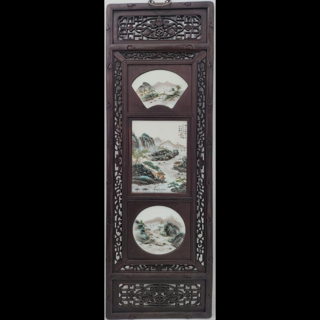 Lot Of 4 Chinese Wooden Wall Panels With Porcelain Tiles: Lot Of 4 Chinese Wooden Wall Panels With Porcelain Tiles. One Panel has a small chip on top right corner, please see pictures. Panels measures approx. 50" X 15" each. || Please carefully read our term