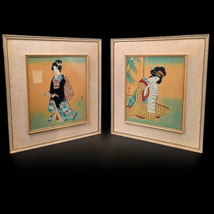 Pair Of Japanese Wood Block Prints On Silk With Calligraphy And Seal Mark: Pair Of Japanese Wood Block Prints On Silk With Calligraphy And Seal Mark. Measures approximately 25-1/4" x 22-1/2" each. || Please carefully read our terms of sale, shipping information, and request