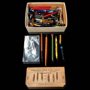 A Lot Of 50+ Pens/Pencils/Ballpoint/RBs/Parts And Other Related Stationary Items: A Lot Of 50+ Pens/Pencils/Ballpoint/RBs/Parts And Other Related Stationary Items. Includes Extra Lead, Erasers, A Group Of Steel Pen Nibs, And A Group Of Assorted Caps. Many are just parts, while many