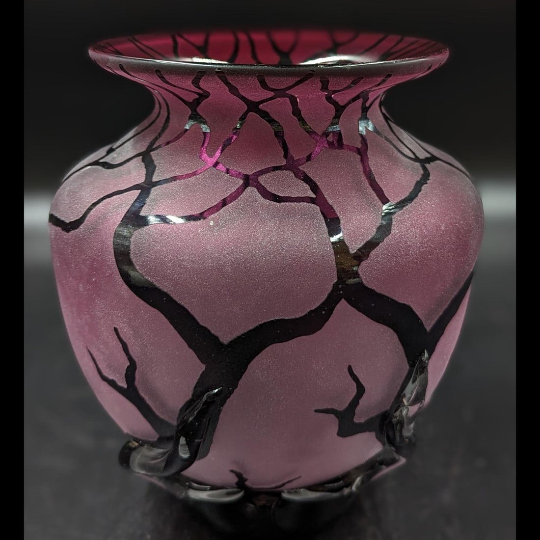 Signed Bernard Katz Amethyst Satin Art Glass Vase From The Trees And Roots Series: Signed Bernard Katz Amethyst Satin Art Glass Vase From The Trees And Roots Series. Measures approx. 9" X 8". || Please carefully read our terms of sale, shipping information, and request any condition