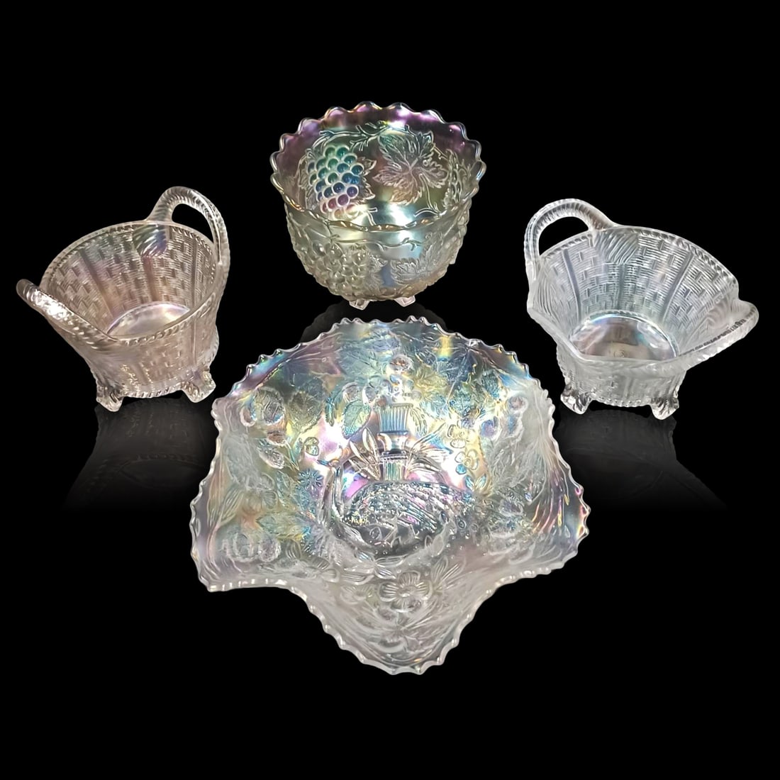 4-Piece Lot Of Northwood Pastel Carnival Glass Bowls: 4-Piece Lot Of Pastel Carnival Glass. Lot includes 1) Signed Northwood pastel white carnival round bushel basket. Basket weave interior. No damage. Measures approximately 5-3/4" x 4-3/4". 2) Signed No